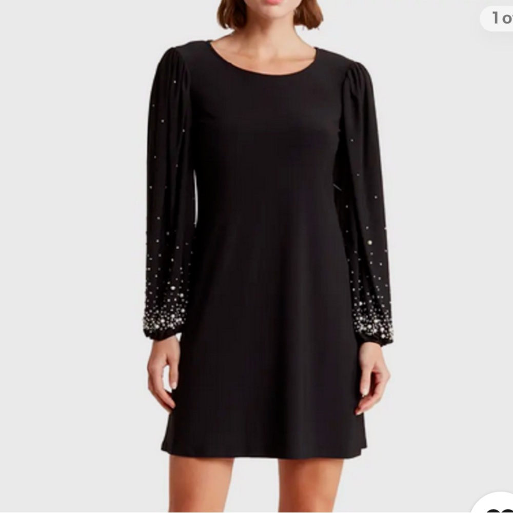 Black Mini Dress with Pearl-Embellished Long Sleeves